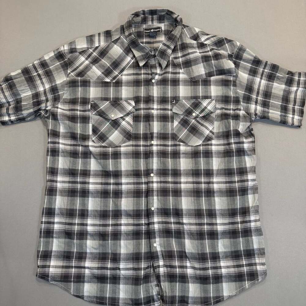 Casual Country Western Shirt Size XXL Black Plaid Short Sleeve Pearl Snap